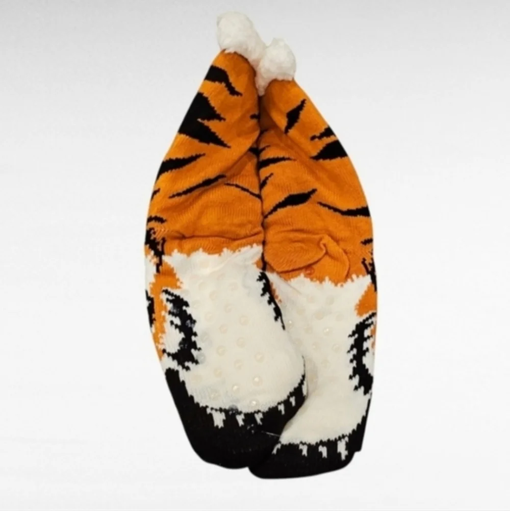 Tiger Sherpa Lined Slipper Socks Non Skid One Size